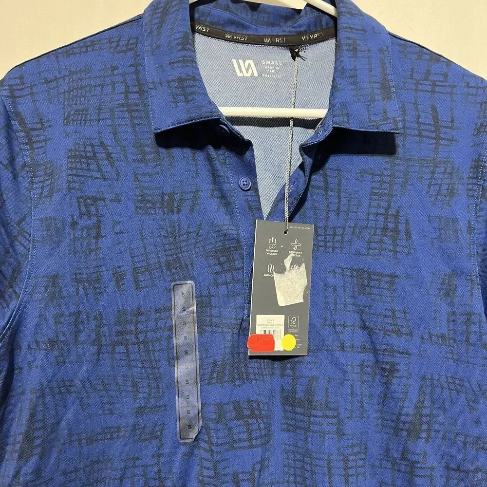 VRST Warped Check‎ Pique Polo Shirt Men's Small Navy Blue Stretch High Low Hem